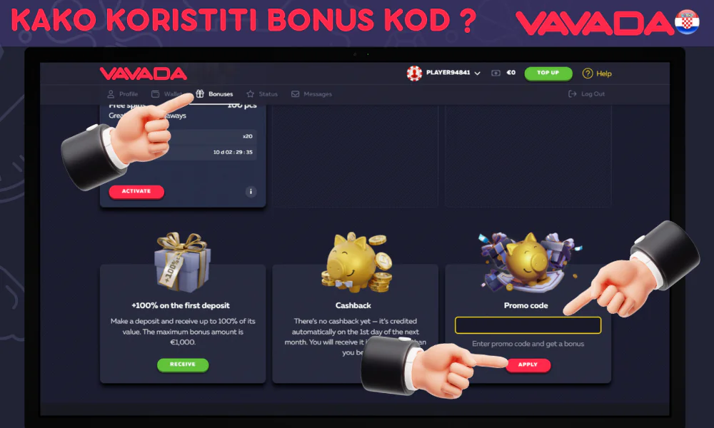 Upute za korištenje Vavada bonus koda